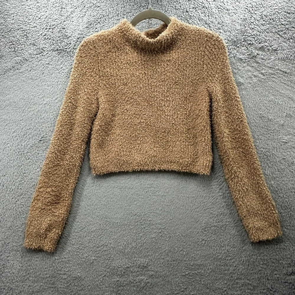 NWT Aerie Women's Small Fuzzy Popcorn Knit Cropped Sweater Mock Neck Brown